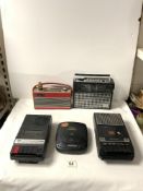 A ROBERTS RADIO, A BOOTS RADIO, SHARP AND BINATONE CASSETTE TAPE RECORDERS AND A GOODMANS PORTABLE