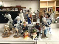 THREE MILITARY PORCELAIN FIGURES, A QUANTITY OF OTHER PORCELAIN FIGURES AND NOVELTY CRICKET