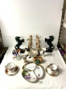 A BESWICK CAT, NORITAKE DISH, TWO ROYAL ALBERT CUPS AND SAUCERS, A PAIR OF ROYAL DUX FIGURES [AF]