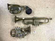 A BRASS TRUMPET BY DALLAS OF LONDON, A VINTAGE BRASS CAR HORN, AND A VINTAGE BRASS CORNET.