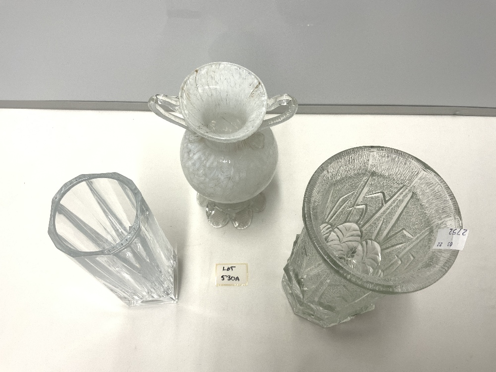 TWO CLEAR GLASS VASES, ONE WITH DECORATION, 25 CMS, AND A SWAN NECK GLASS VASE, A/F. - Image 2 of 4