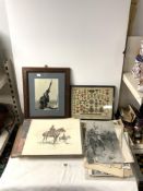 A WATERCOLOUR STUDY OF - 14TH HUSSARS; UNFRAMED AND A QUANTITY OF MILITARY PRINTS OF BATTLE