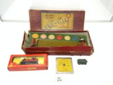 A VINTAGE GEE-WIZ TIN PLATE TOY GREYHOUND RACING GAME IN ORIGINAL BOX, A TRI-ANG HORNBY INDUSTRIAL