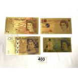 FOUR GOLD-COVERED BANK OF ENGLAND BANK NOTES - £50, £20, £10, AND £1.