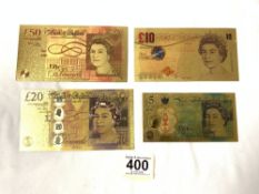 FOUR GOLD-COVERED BANK OF ENGLAND BANK NOTES - £50, £20, £10, AND £1.