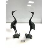 PAIR CHINESE BRONZE CRANES ON TORTOISES 23CM