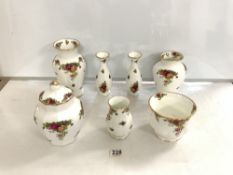 ROYAL ALBERT OLD COUNTRY ROSES VASE, 23 CMS, A VASE AND COVER, A PAIR OF VASES, SMALLER VASE AND A
