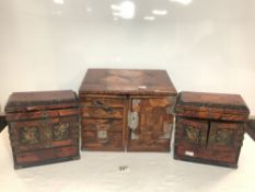 THREE JAPANESE PARQUETRY AND LACQUER DECORATED TABLETOP CABINETS, 32X22X24, LARGEST.