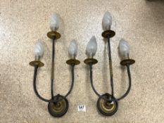 PAIR OF WROUGHT IRON AND BRASS WALL LIGHTS 55CM