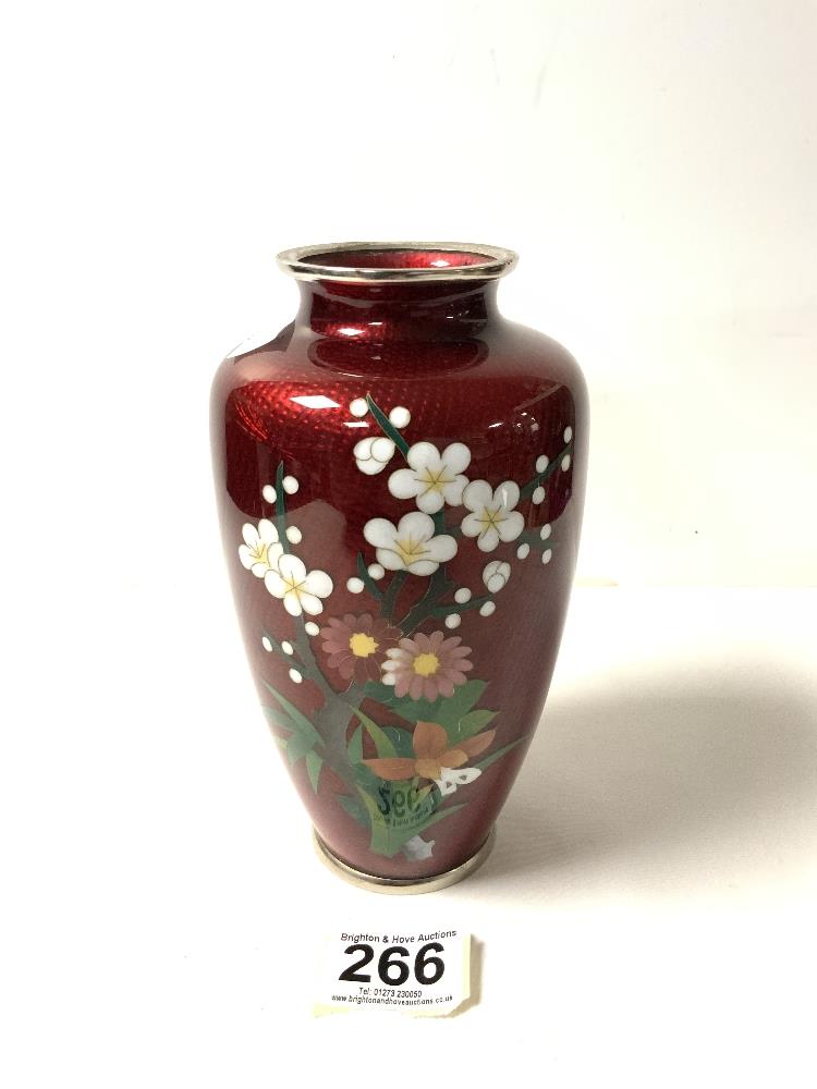JAPANESE WHITE METAL AND CLOISSONE ENAMEL BALUSTER SHAPED VASE DECORATED WITH SPRAY OF FLOWERS ON