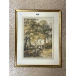JOHN HOLDING (19TH-CENTURY ENGLISH), WATERCOLOUR DRAWING FIGURES IN A WOODLAND GLADE SIGNED 57 X
