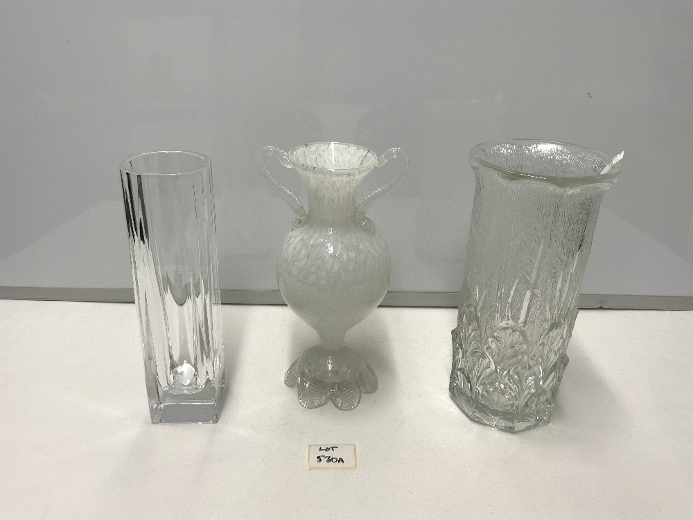 TWO CLEAR GLASS VASES, ONE WITH DECORATION, 25 CMS, AND A SWAN NECK GLASS VASE, A/F.