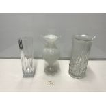 TWO CLEAR GLASS VASES, ONE WITH DECORATION, 25 CMS, AND A SWAN NECK GLASS VASE, A/F.