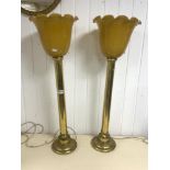PAIR OF VINTAGE BRASS AND GLASS UPLIGHTERS 85CM