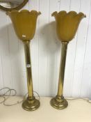 PAIR OF VINTAGE BRASS AND GLASS UPLIGHTERS 85CM