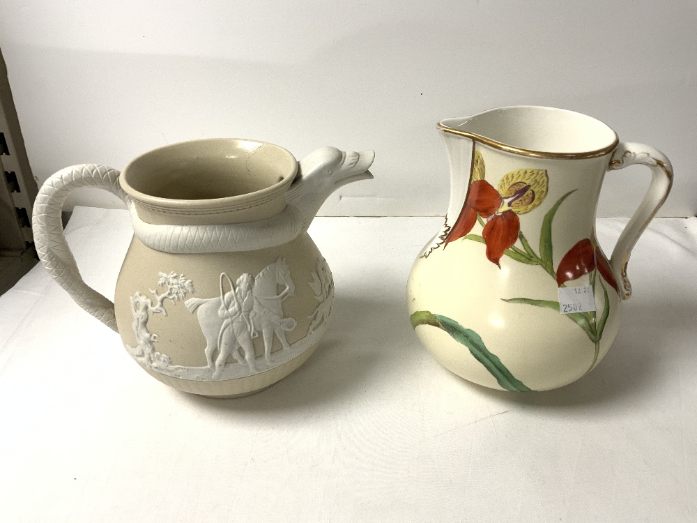 A VICTORIAN SALT GLAZE JUG WITH SERPENT HANDLE AND SPOUT, 16CMS, AND A SMALL VICTORIAN PORCELAIN - Image 7 of 9