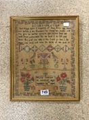 EARLY SAMPLER DATED 1827 FRAMED AND GLAZED 33 X 40CM