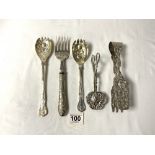 TWO SETS OF ORNATE EMBOSSED SILVER PLATED TONGS, SALAD SERVERS AND FISH FORK.