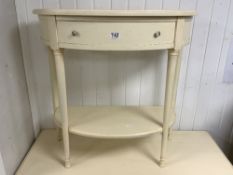DE TONGE WOODEN HALF MOON CONSOLE TABLE WITH CENTRAL DRAWER IN CREAM 76 X 38CM