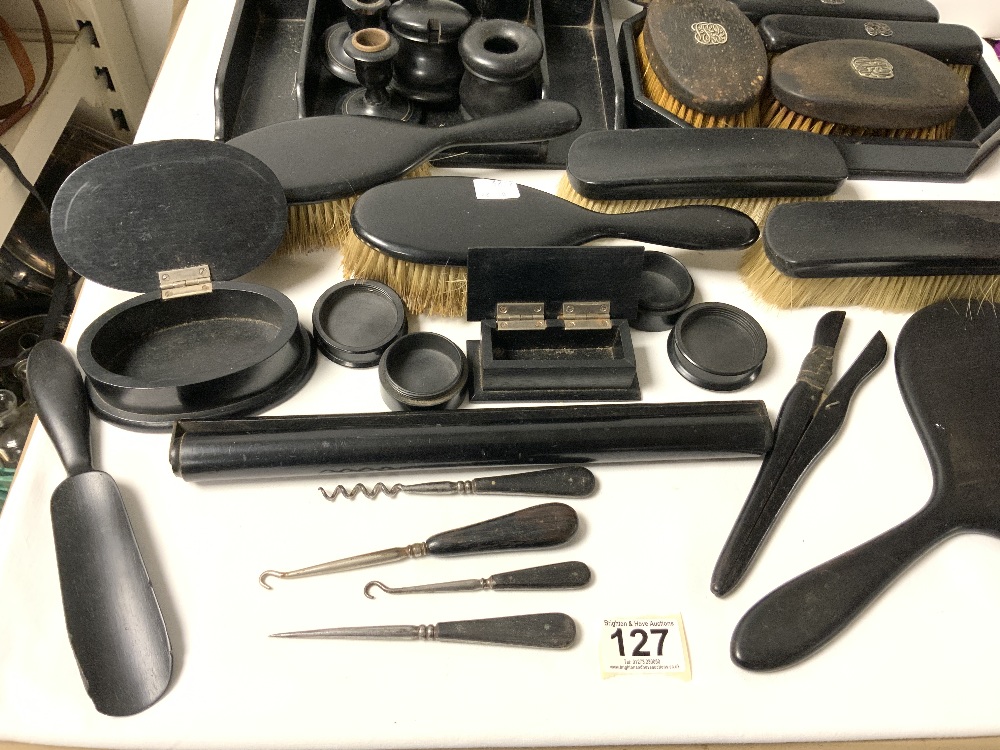 A QUANTITY OF EBONISED DRESSING TABLE ITEMS. - Image 2 of 7