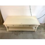 A PAINTED SOLID WOOD FRENCH MADE DOUBLE SIDED TWO DRAWER COFFEE TABLE, 60X130.