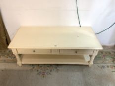 A PAINTED SOLID WOOD FRENCH MADE DOUBLE SIDED TWO DRAWER COFFEE TABLE, 60X130.