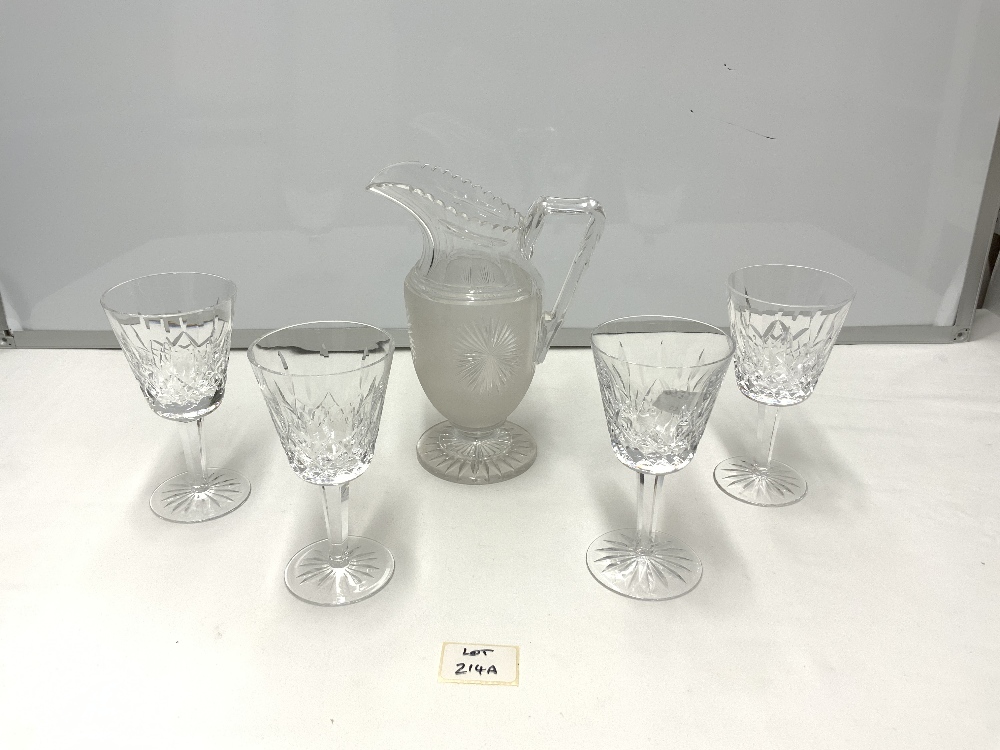 FOUR WATERFORD CUT GLASS WINE GLASSES, AND A FROSTED GLASS WATER JUG. - Image 2 of 6