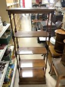 A SET OF REPRODUCTION FOUR TIER MAHOGANY OPEN DISPLAY SHELVES, WITH SINGLE DRAWER BELOW, 70X180