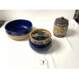 A DOULTON LAMBETH GLAZED STONEWARE TOBACCO JAR, ROYAL DOULTON TOBACCO JAR, AND A SIMILAR CIRCULAR