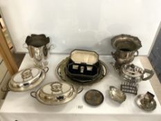 TWO SILVER-PLATED WINE COOLERS, ENTRE DISH, TEAPOTS AND A PLATE.