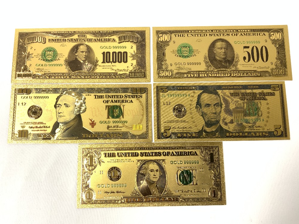 FIVE GOLD PLATED AMERICAN - 1 , 5 , 10 , 500 , 10,OOO REPLICA DOLLARS. - Image 2 of 3