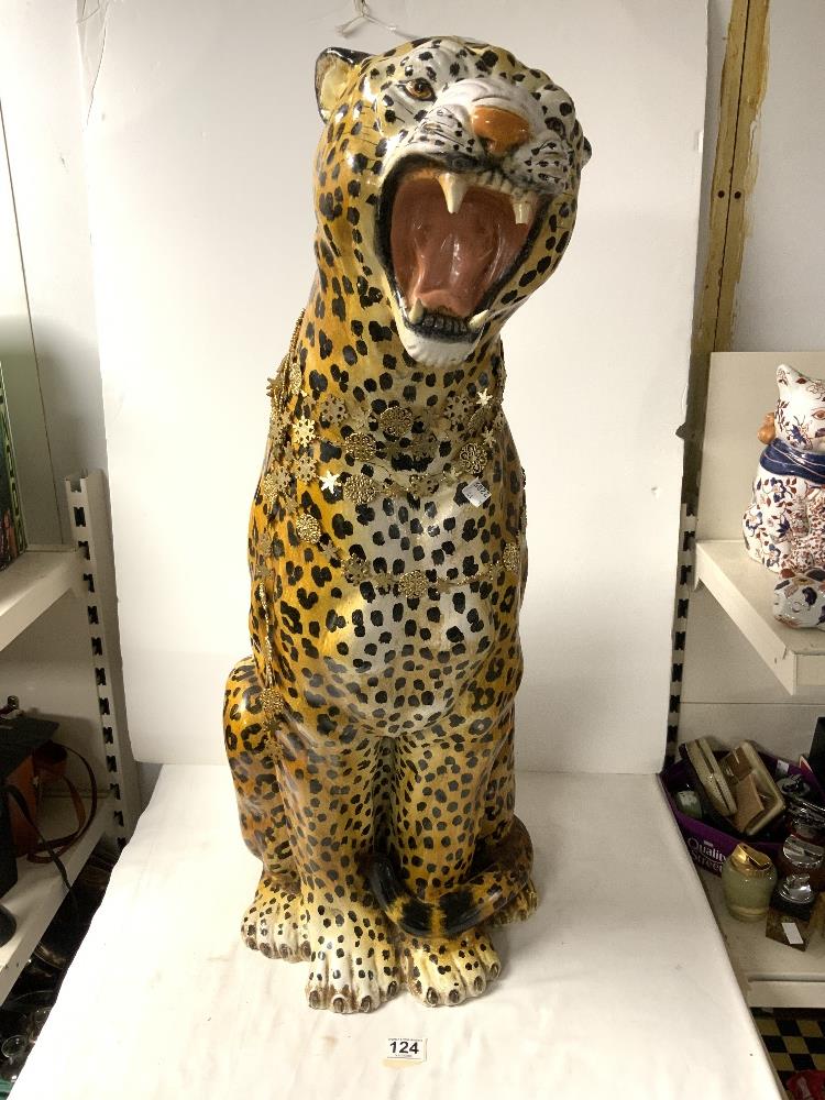 A LARGE TERRACOTTA FIGURE OF A CHEETAH, MADE IN ITALY, 84 CMS.