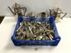 A QUANTITY OF MIXED PLATED CUTLERY, ALSO A OWL TOPPED BUTTON HOOK, AND A FOUR PIECE WMF SILVER