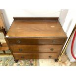 A 1940s MAHOGANY THREE DRAWER CHEST ON BALL AND CLAW FEET, 90X50X86.