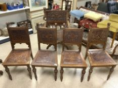 SET OF FIVE ANTIQUE CHAIRS WITH DECORATIVE LEATHER SEAT AND BACKS WITH CARVED LION HEADS AND FLUTE