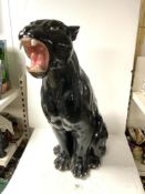 A LARGE CERAMIC FIGURE OF A BLACK JAGUAR, MADE IN ITALY, 80 CMS.