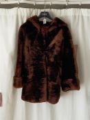 A BROWN VINTAGE LADIES FAUX FUR MID-LENGTH COAT, UK SIZE 12