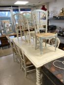 LARGE PAINTED DE TONGE TABLE ON BARLEY TWIST SUPPORTS WITH MATCHING CHAIRS 77 X 92 X 224CM