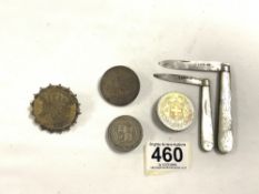 EARLY COINAGE AS BROOCHES INCLUDES A GEORGE II GUINEA ALSO TWO HALLMARKED SILVER AND MOTHER OF PEARL