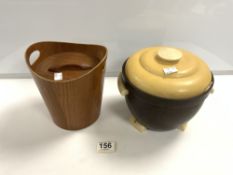 A MID CENTURY PLYWOOD ICE BUCKET, MADE IN SWEDEN BY SERVEX AND A MID CENTURY BAKERLITE ICE BUCKET BY