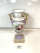 A NINETEENTH CENTURY PARIS PORCELAIN HAND PAINTED FLORAL DECORATED URN SHAPE VASE WITH SWAN HANDLES,