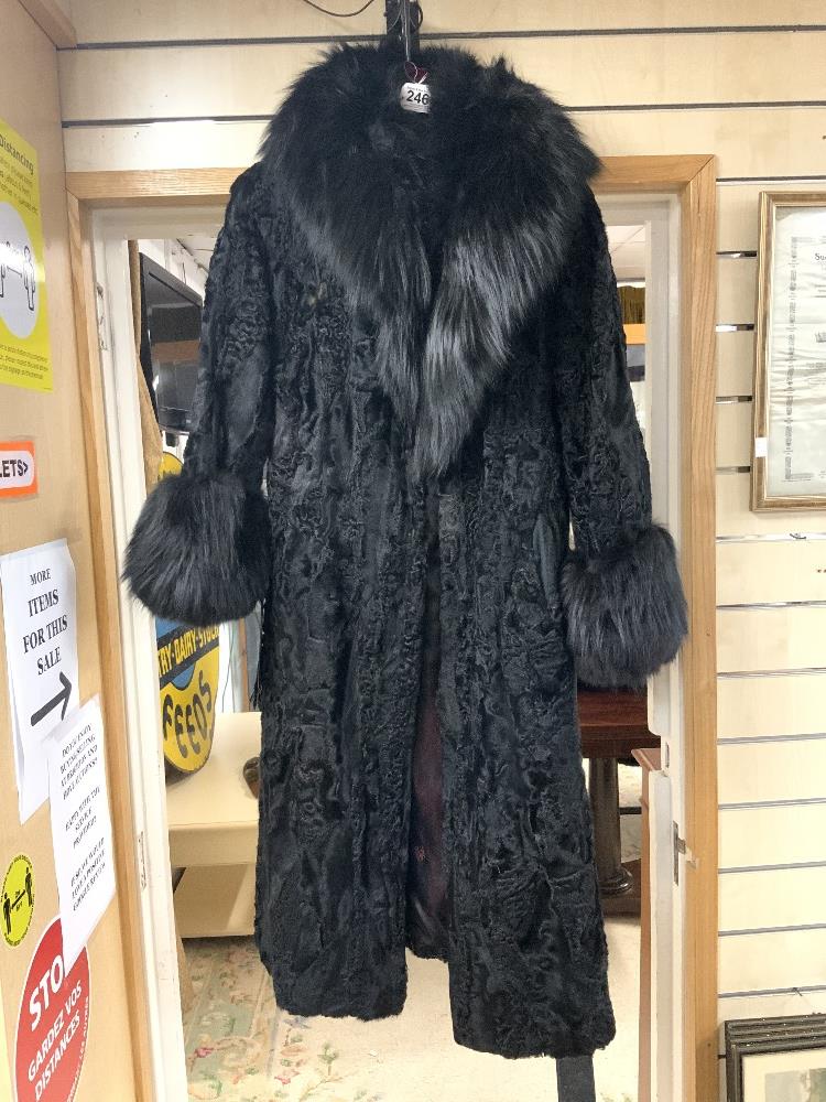 A VINTAGE FULL-LENGTH BLACK ASTRACAN AND FUR COAT, UK SIZE MEDIUM