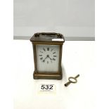 BRASS CARRIAGE CLOCK WITH ENAMEL DIAL, WITH FA STAMPED ON MOVEMENT.