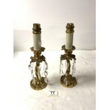 A PAIR OF 19TH-CENTURY GILT METAL TWIST COLUMN LUSTRES CONVERTED TO LAMPS FOR ELECTRICITY, 28 CMS.