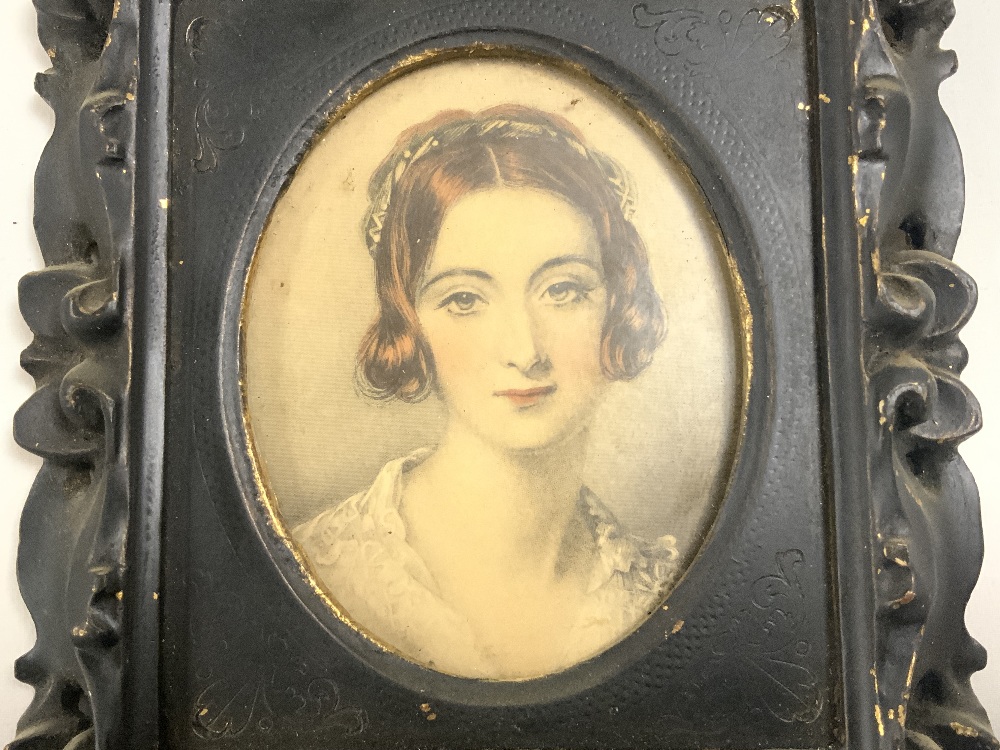 A SET OF THREE VICTORIAN OVAL COLOURED ENGRAVINGS - PORTRAITS OF LADIES, IN CARVED ORNATE FRAMES, - Image 3 of 7