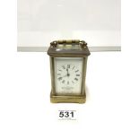 A MAPPIN AND WEBB OF LONDON CARRIAGE CLOCK WITH WHITE ENAMEL DIAL.