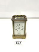 A MAPPIN AND WEBB OF LONDON CARRIAGE CLOCK WITH WHITE ENAMEL DIAL.