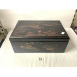 ANTIQUE RED BLACK AND GOLD LACQUERED DECORATED WRITING BOX.