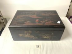 ANTIQUE RED BLACK AND GOLD LACQUERED DECORATED WRITING BOX.