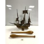 A MODEL GALLEON SHIP, AND PAIR OF WOODEN JUGGLING BATONS.